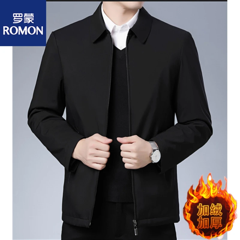 Romon/罗蒙爸爸装中老年翻领夹克秋冬季加绒加厚男士棉衣外套上衣