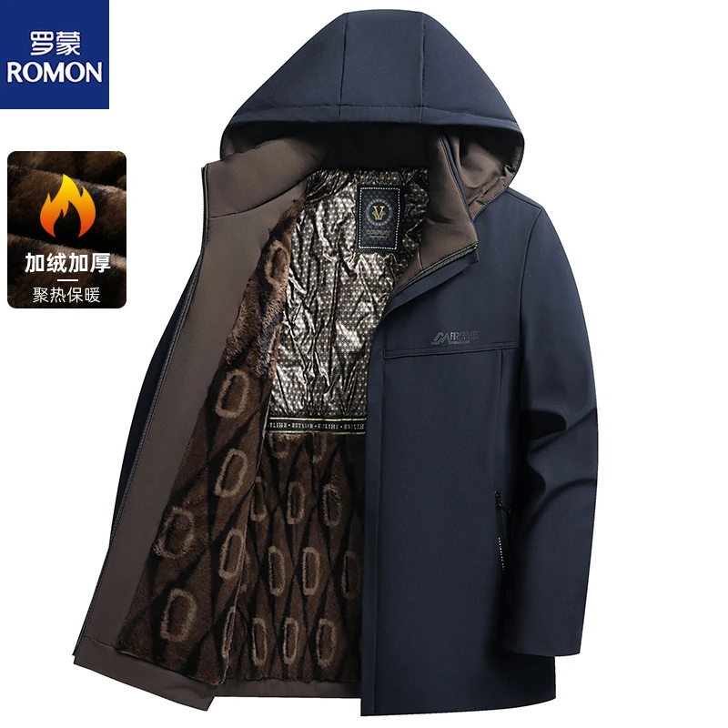 Romon/罗蒙男士冬季棉衣加绒派克服棉服加厚外套中老年商务休闲
