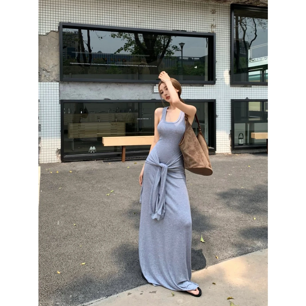 纯欲性感无袖u领背心连衣裙女拼接绑带收腰长裙2024夏季新款女装