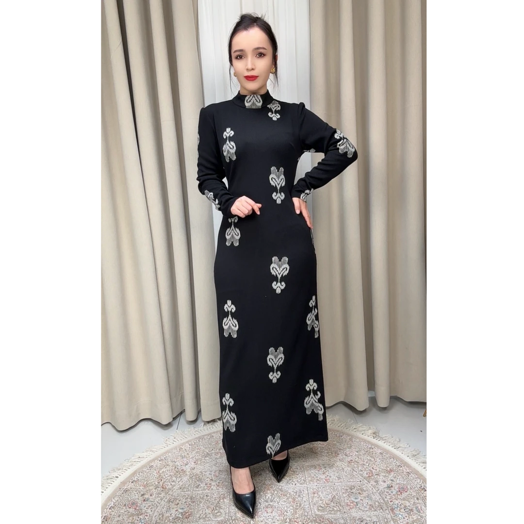 HIYAL 艾德莱斯花时尚高端连衣裙长袖，显瘦气质网红百搭女士修身