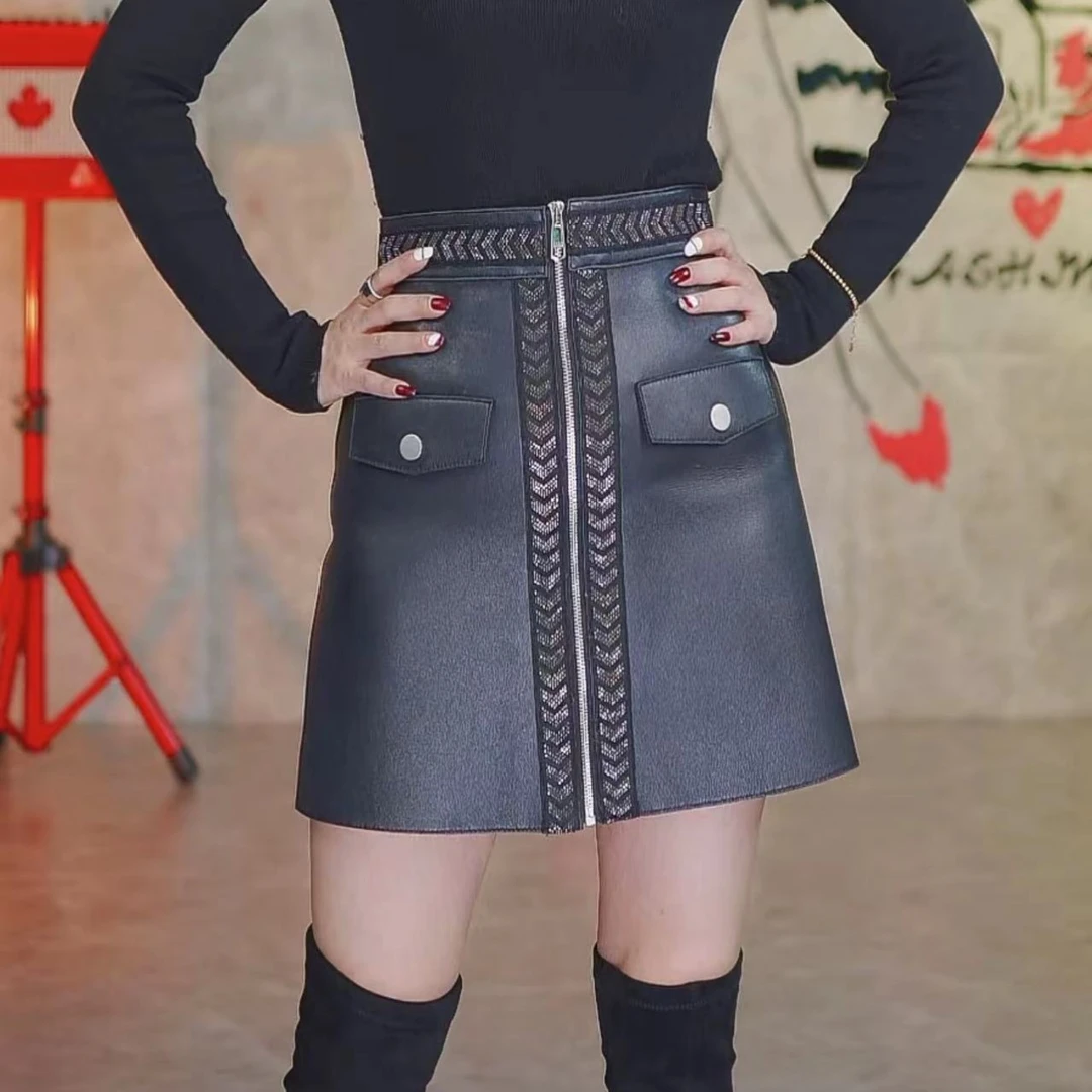 2024年女士气质A字裙高腰真皮绵羊皮时尚百搭显瘦皮短裙