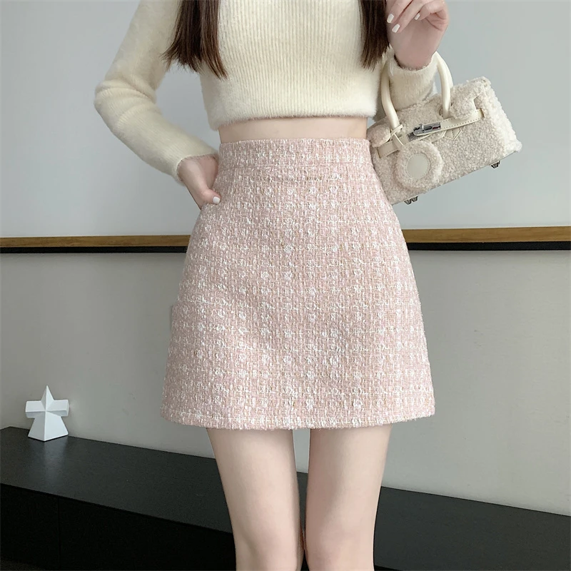 大码小香风粗花呢粉色半身裙秋冬新款小个子韩版高腰显瘦包臀短裙