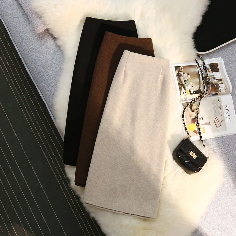 中长款毛呢半身裙女秋冬新款高腰显瘦开叉直筒一步裙百搭包臀裙子