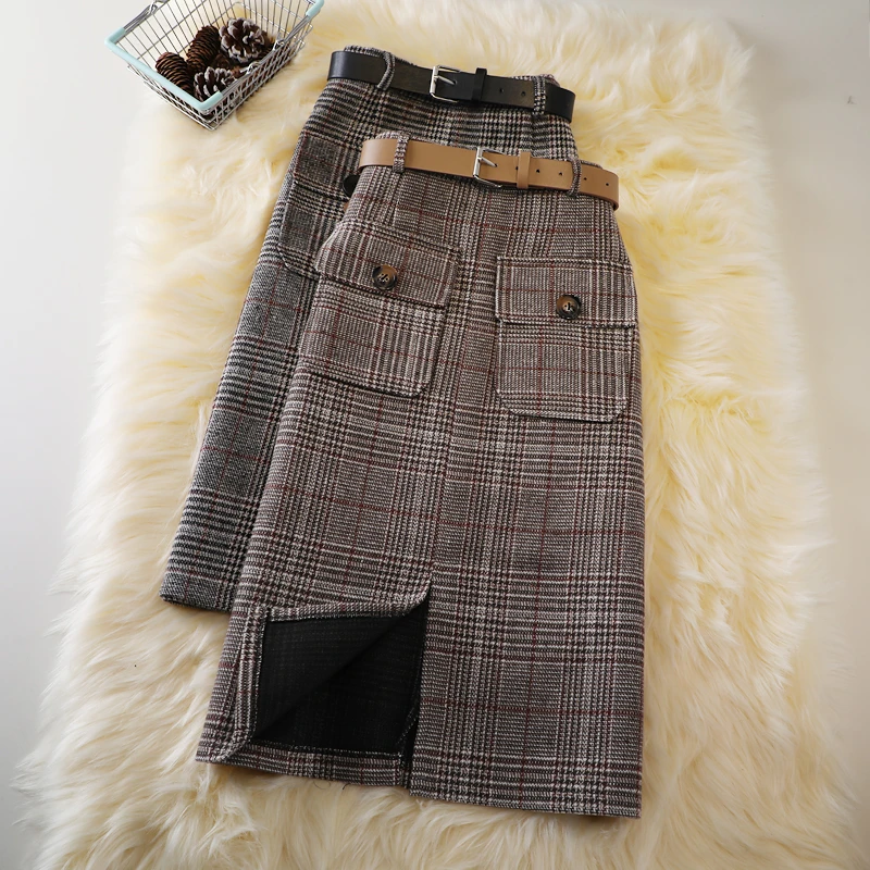 中长款毛呢半身裙女士爆款秋冬新款高腰显瘦a字裙遮胯格子包臀裙