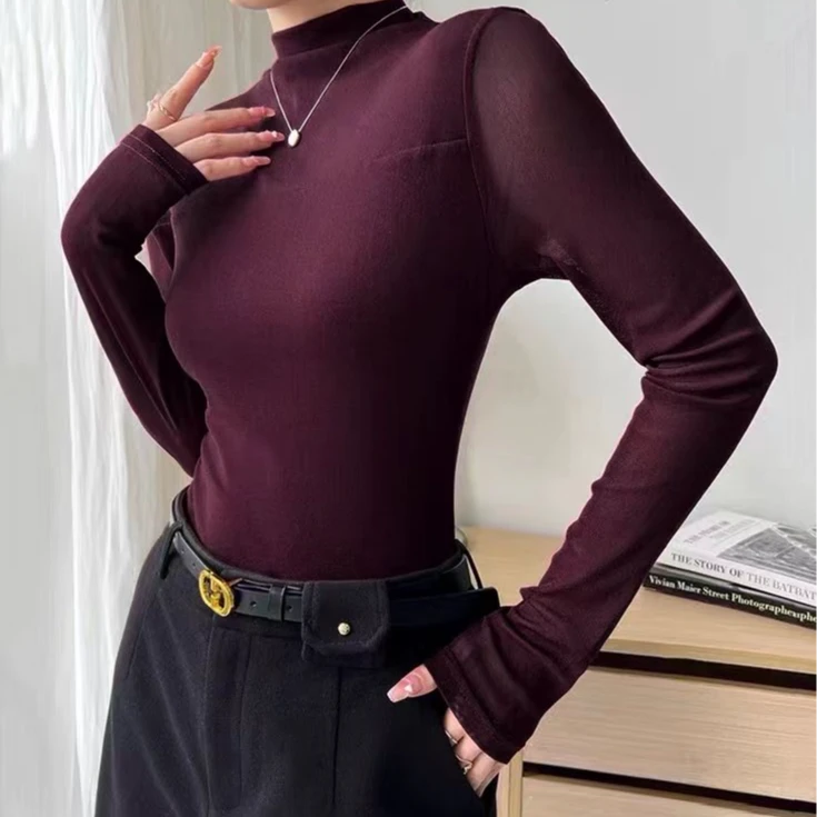 海云丹斯⑤2219长袖网红百搭女士半高领修身显瘦气质时尚T恤