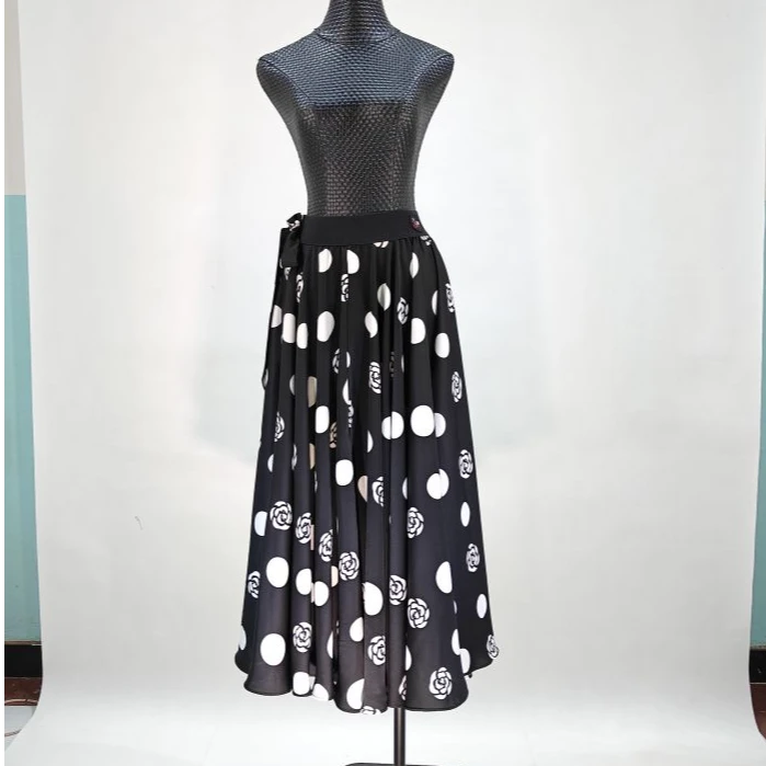 海云丹斯②交谊舞摩登舞新款松紧腰单层平纹缎印花大摆半裙HYB005