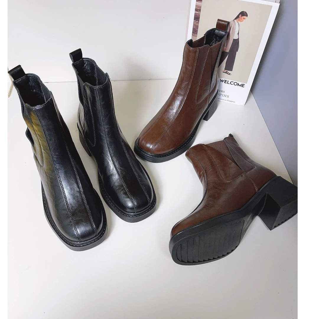 2024秋冬新款切尔西短靴粗跟时尚气质百搭软底软面女靴