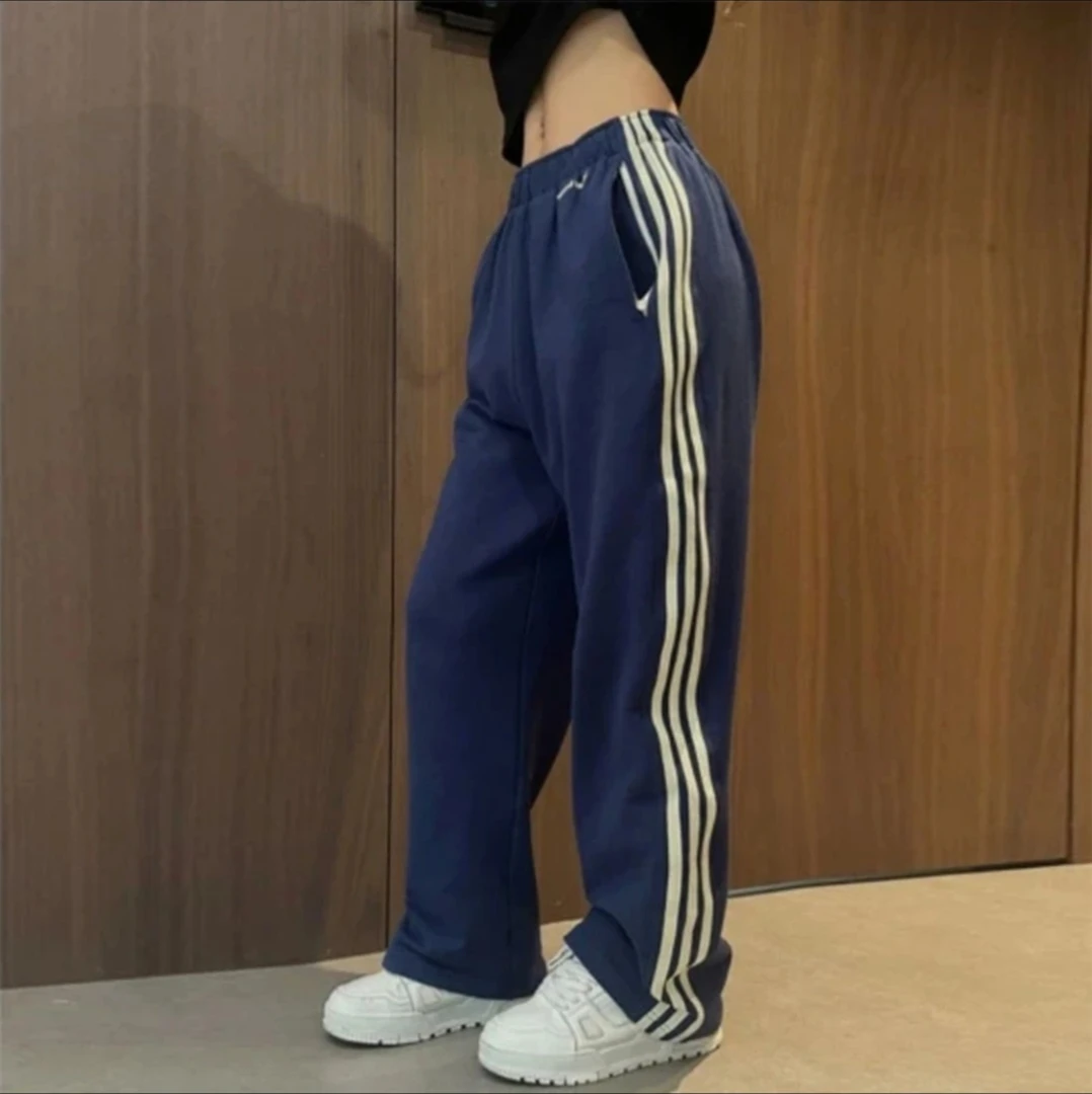 美式复古三条杠运动休闲裤女春夏新款高腰直筒阔腿裤宽松拖地长裤