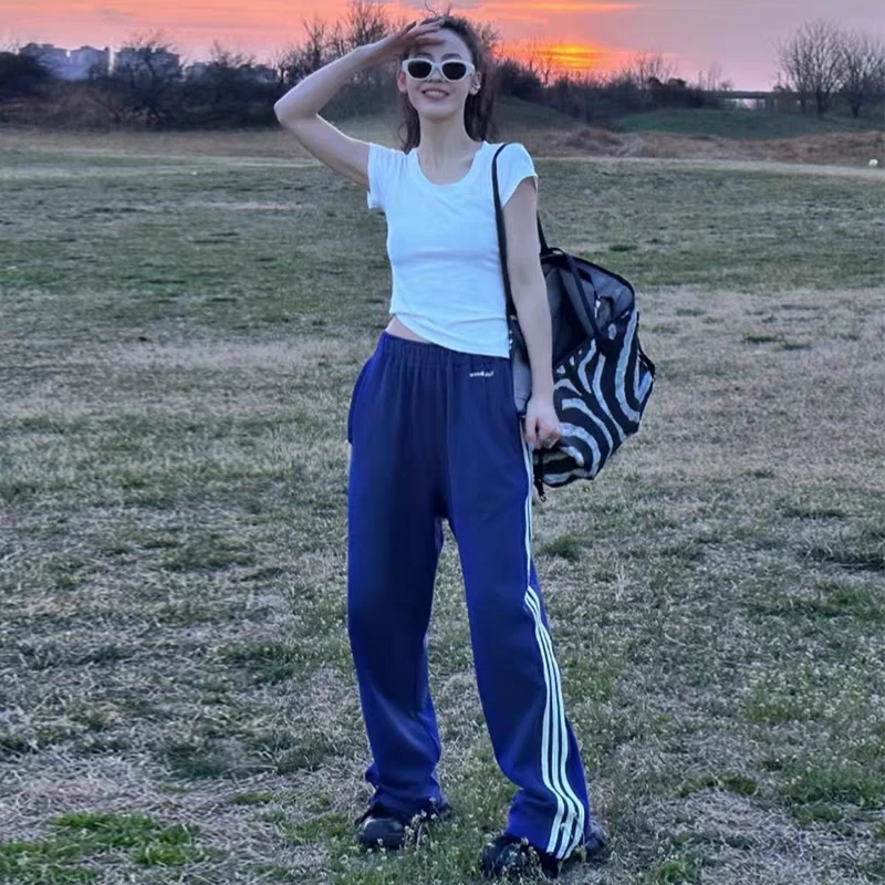美式复古休闲裤女春夏白色三条杠直筒运动裤宽松卫裤拖地阔腿裤潮