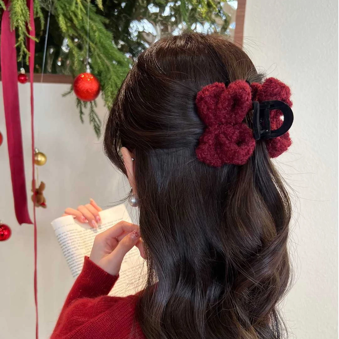 喜庆毛绒公主头抓夹蝴蝶结可爱发夹时尚百搭半扎夹发饰发夹
