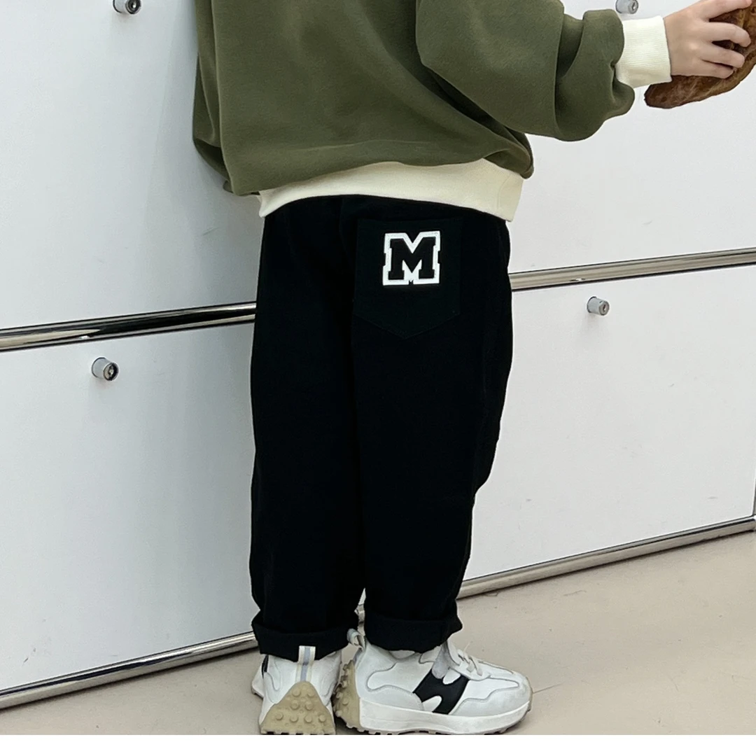 荷一春秋新款男童韩版黑色水洗棉布工装裤MQ23001