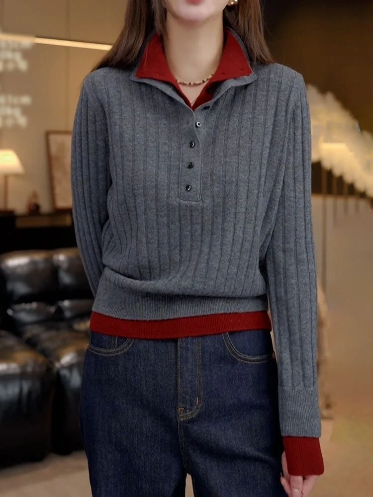 08-6洋气内搭红色毛衣女胖早秋季妈妈高品质撞色立领显瘦针织衫