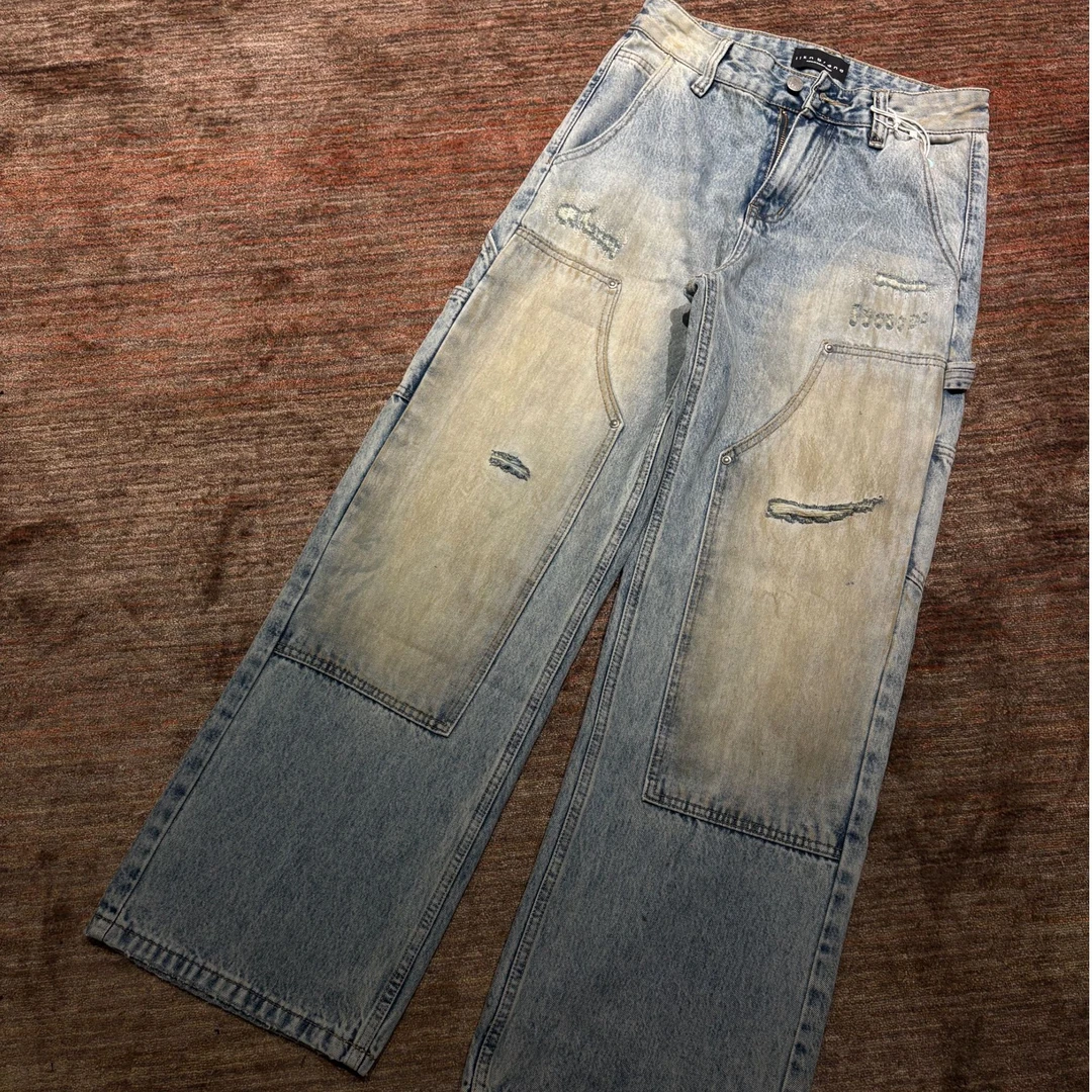 方块儿 复古做旧脏脏伐木工牛仔裤男女同款宽松高街直筒破洞长裤