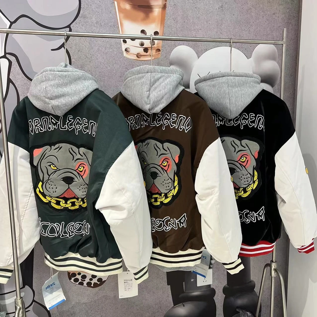 老男孩加厚加绒拼接连帽刺绣刺绣棉服棒球服印花外套夹克22153