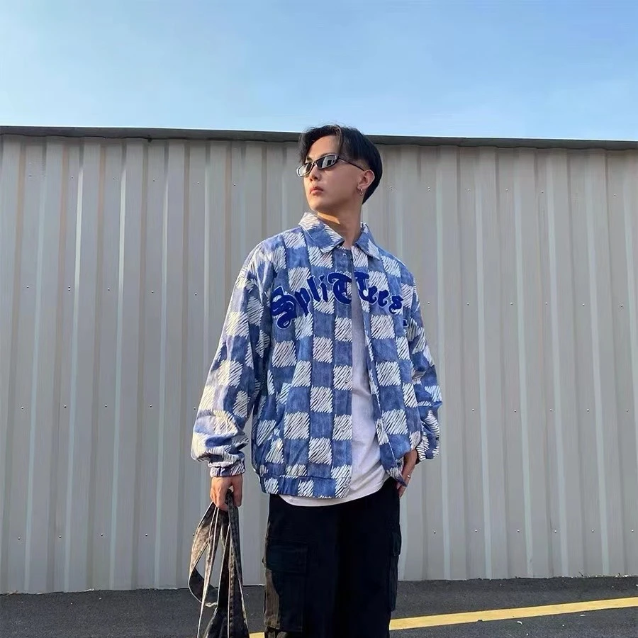 老男孩重工美式格子衬衫外套刺绣毛巾绣牛仔水洗2298