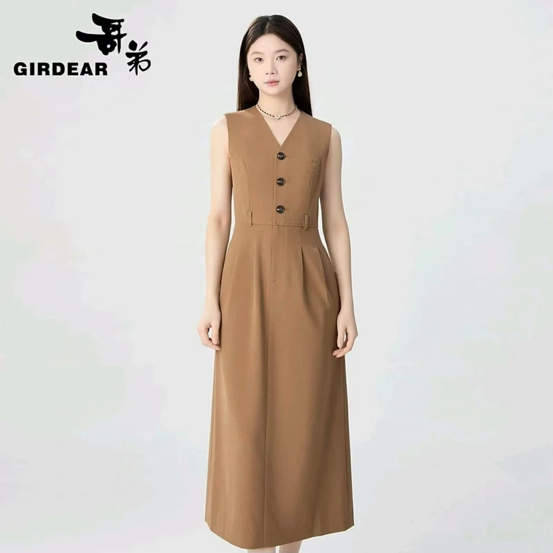 GIRDEAR/哥弟新款时尚V领包裙摆设计高腰马甲式连衣长裙1500526