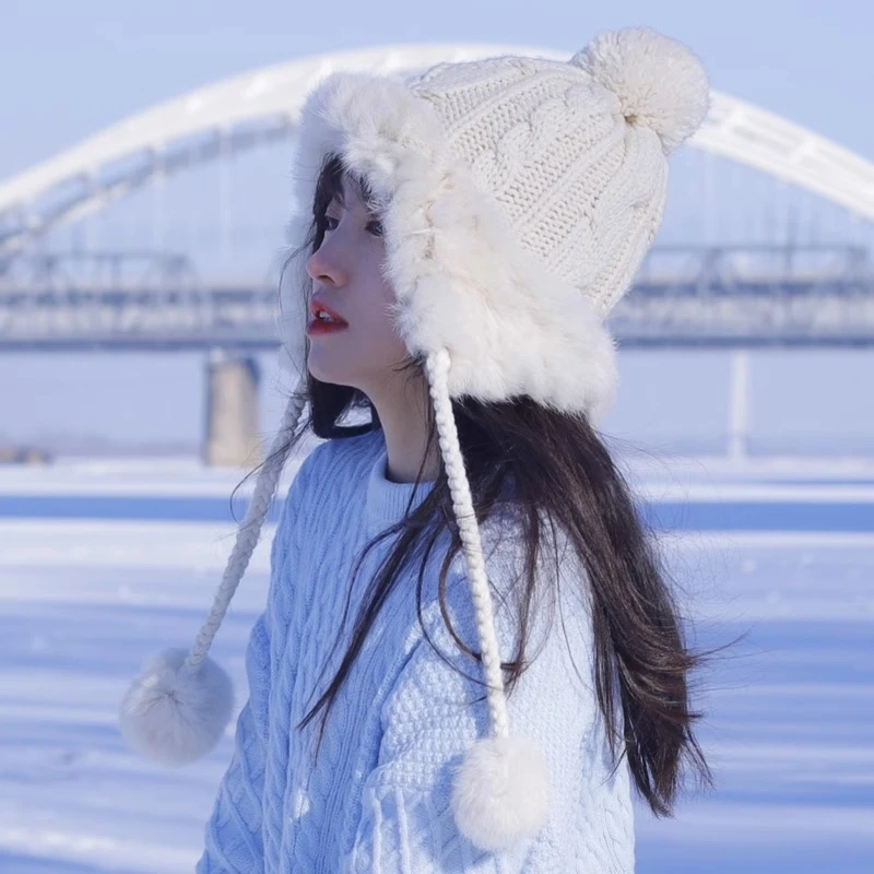 新款冬季帽子兔毛雪地毛线帽女可爱毛球护耳毛茸茸雷锋帽保暖时尚