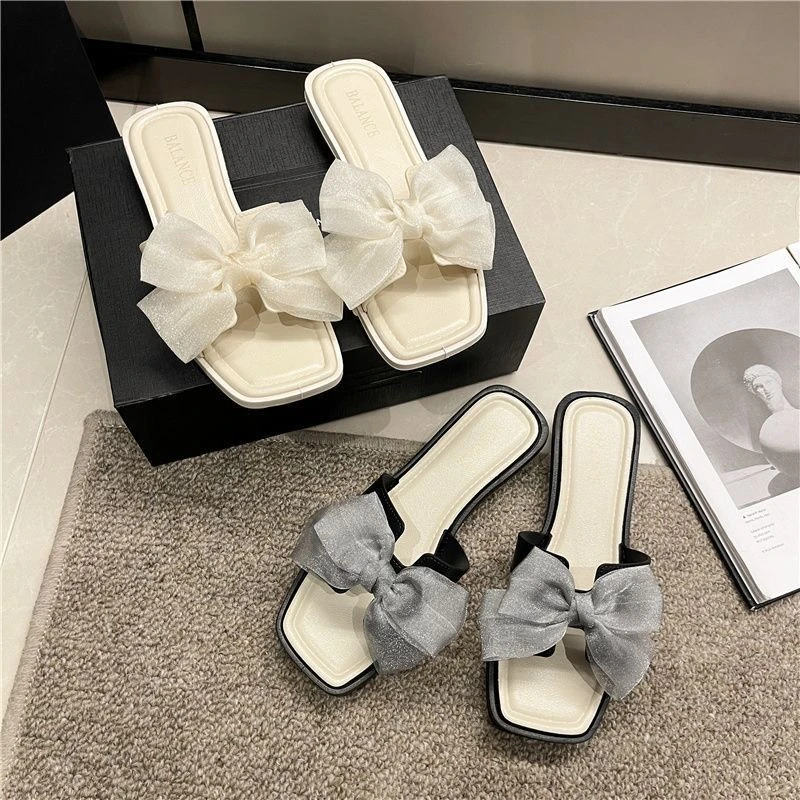 几乐纱网蝴蝶结女拖鞋网红休闲夏季夏季平底时尚百搭外穿厚底
