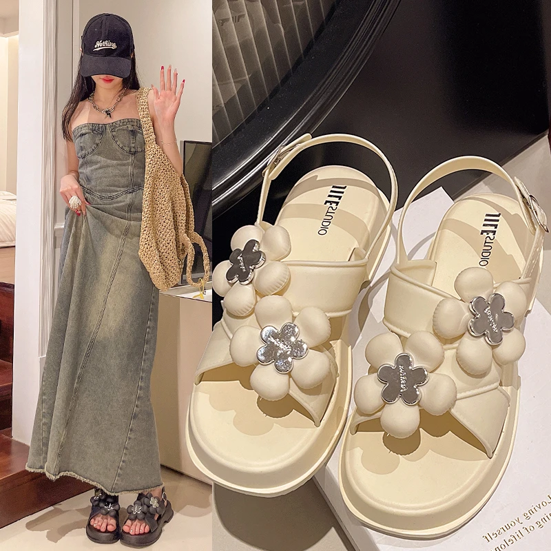 几乐双花凉鞋网红休闲夏季夏季平底时尚百搭外穿厚底防滑