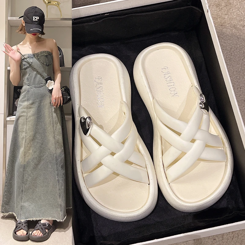 几乐交叉带爱心时尚百搭夏季外穿防滑凉拖条纹圆头ins甜美平跟