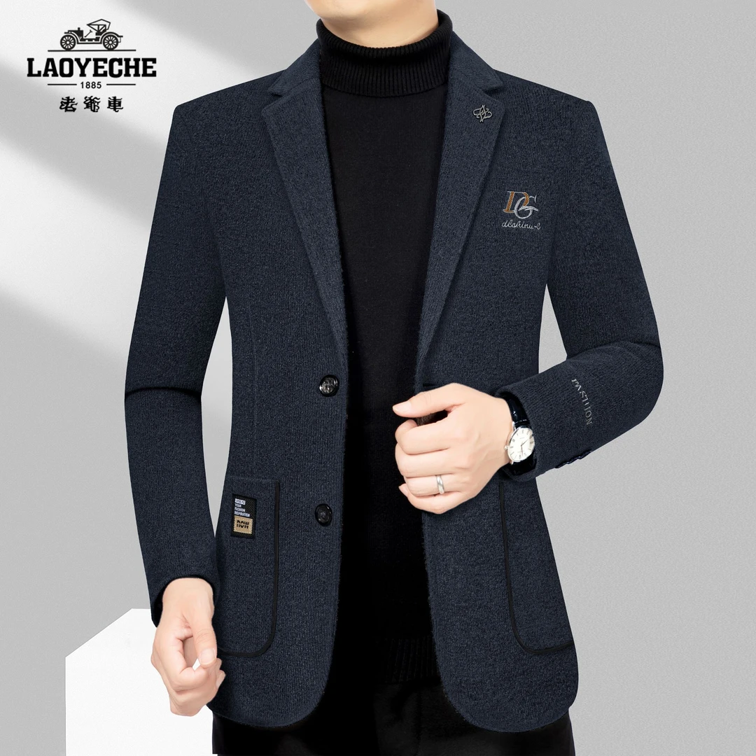 老爷车秋冬加厚毛呢西装男外套中年男士爸爸西服上衣修身休闲呢子