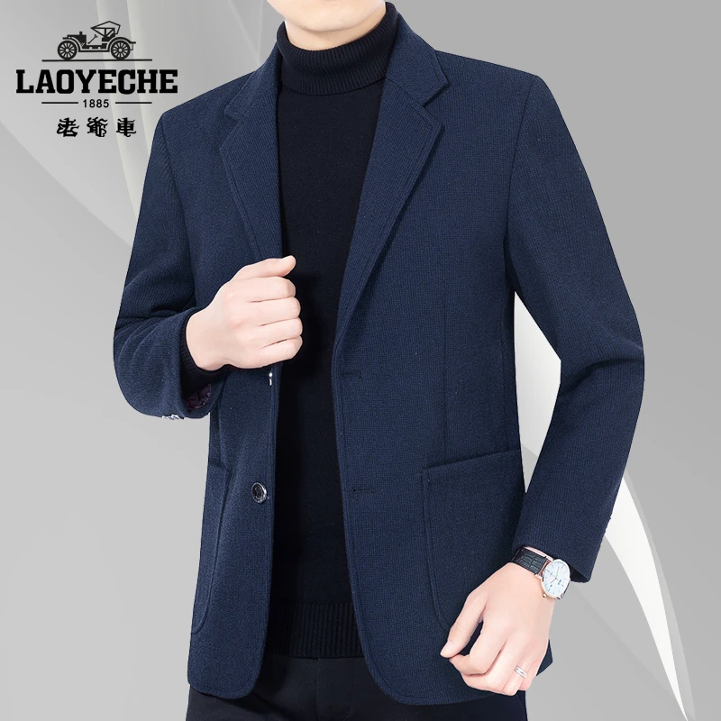 老爷车商务轻便男士毛呢外套休闲西服上装修身格子修身西装上衣