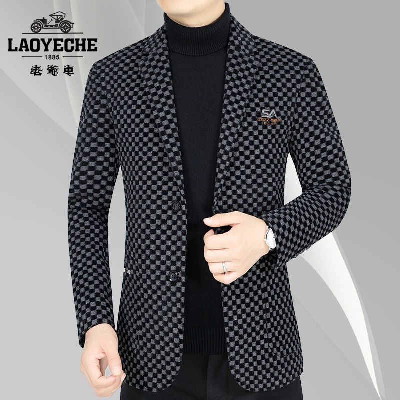 老爷车秋冬新款男士单西装上衣修身商务休闲韩版男吃春秋格子外套