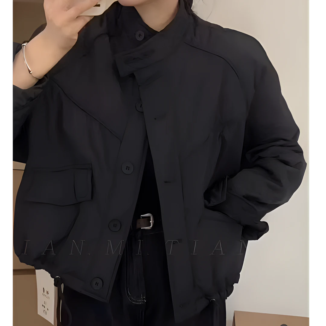 欧货加棉外套女宽松立领抽绳夹克2024秋冬季新款休闲短款保暖棉衣