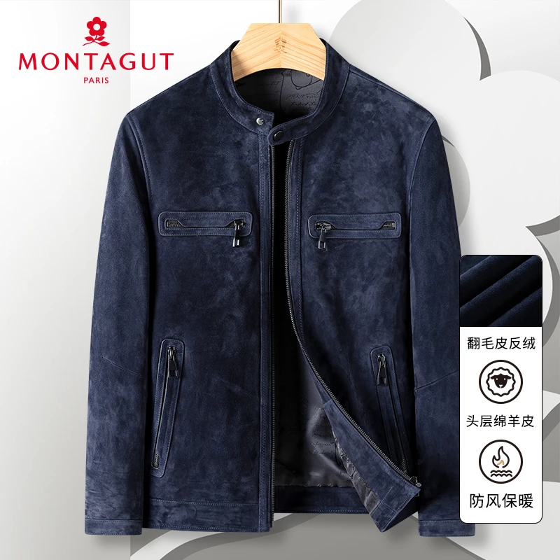 梦特娇冬头层绵羊皮男立领真皮夹克翻毛皮反绒皮衣外套J302365034
