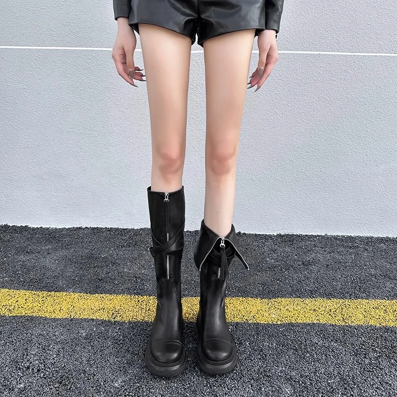 35-40码加宽大腿围胖脚真皮厚底长筒靴女前拉链皮带扣不过膝长靴
