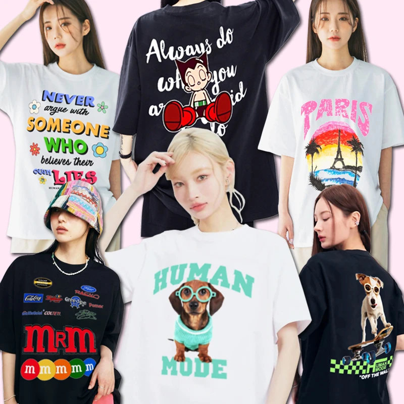 H.M夏季新款印花短袖纯棉T恤男女同款黑色白色时尚宽松版潮流上衣