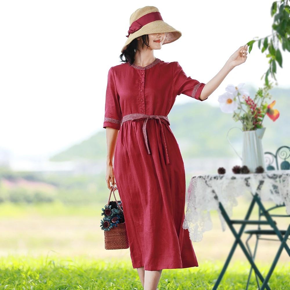 夏季复古文艺红色亚麻气质连衣裙 休闲显瘦高腰系带棉麻A字长裙子