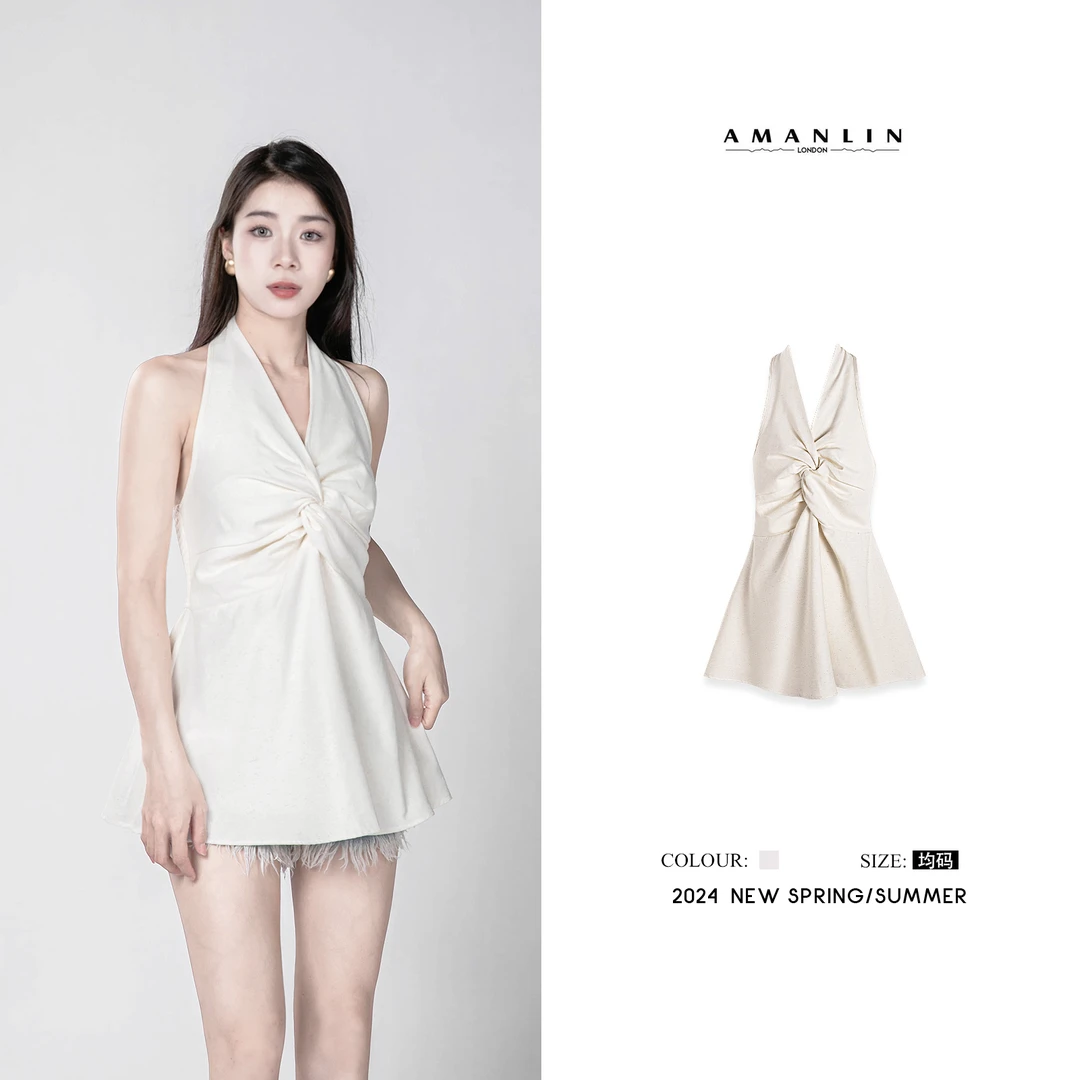 夏季穿搭时尚褶皱显瘦v领扭结百搭设计感上衣F592392