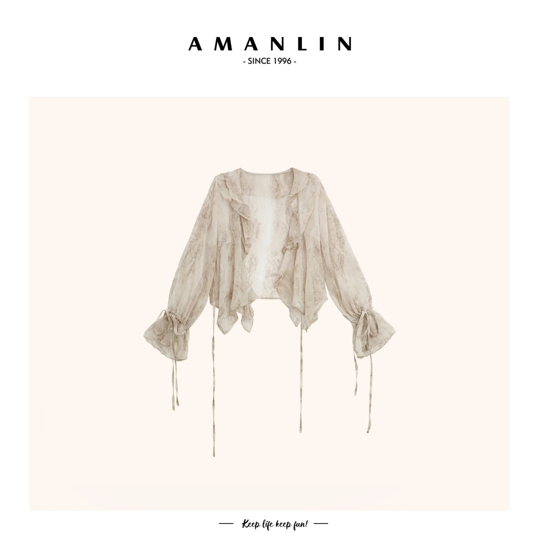 春季新款水墨印花晕染荷叶边显瘦v领上衣开衫L591163