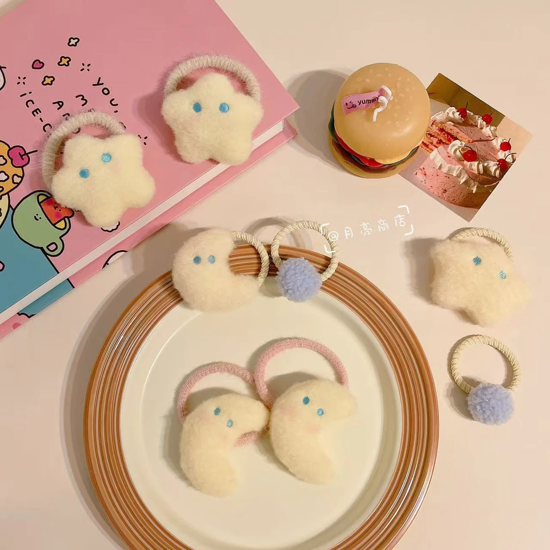 XS-0609可爱毛绒头绳儿童五角星高弹发圈月亮星星发圈高马尾发绳