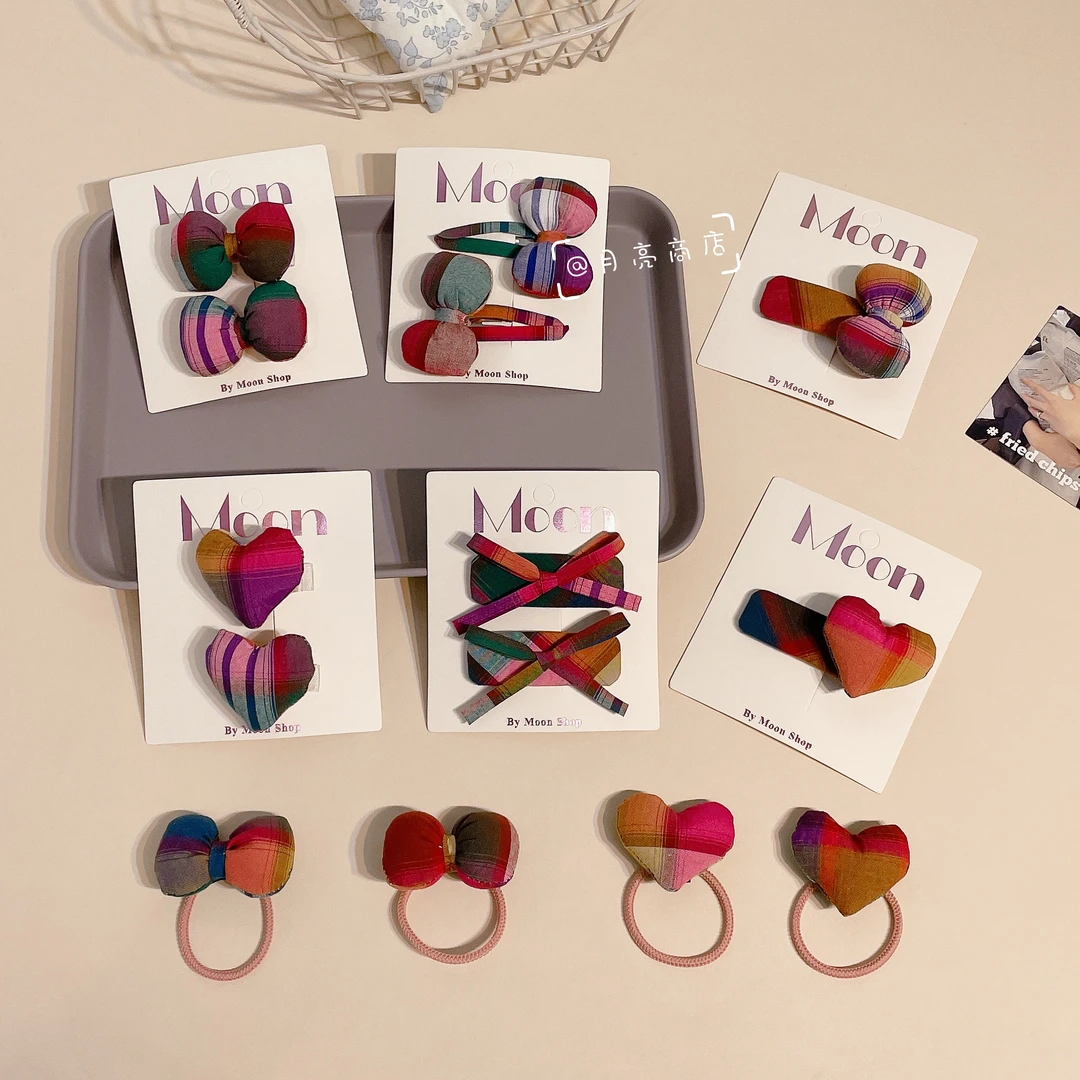 XS-0444韩国彩色格纹蝴蝶结发夹布艺爱心胖结发绳百搭儿童发饰
