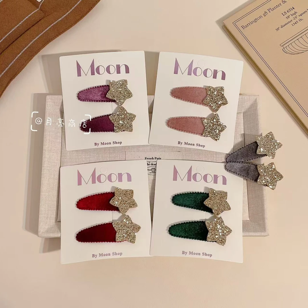 XS-0612儿童闪粉星星发夹女童丝绒秋冬新款BB夹刘海夹发卡头饰