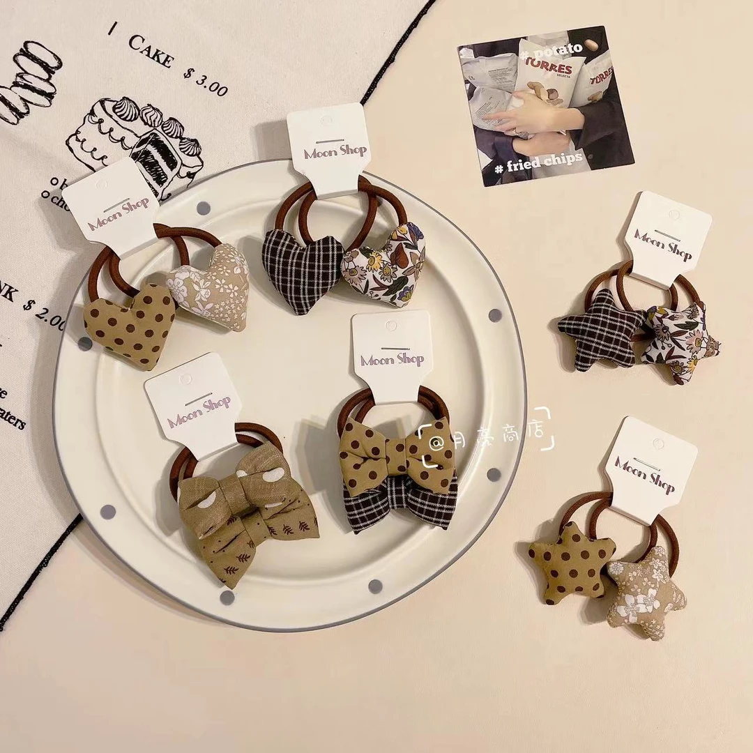 XS-0581儿童发饰咖碎花爱心BB夹布艺蝴蝶结星星花朵头绳少女发圈