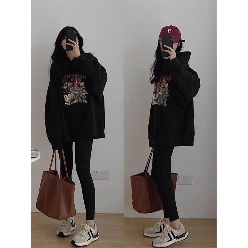 黑色复古风早秋气质秋冬装连帽卫衣女2024新款宽松显瘦潮流上衣