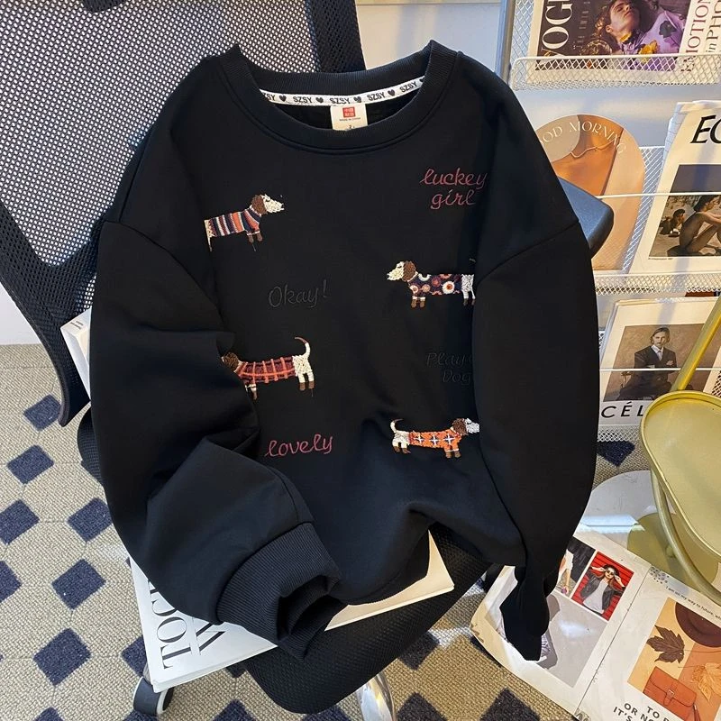 美式复古减龄特大码300斤可爱设计秋冬季加绒加厚刺绣小狗卫衣女