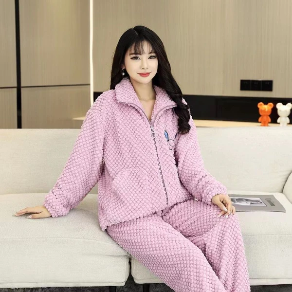 家居服法兰绒保暖冬季加绒毛毛睡衣套装