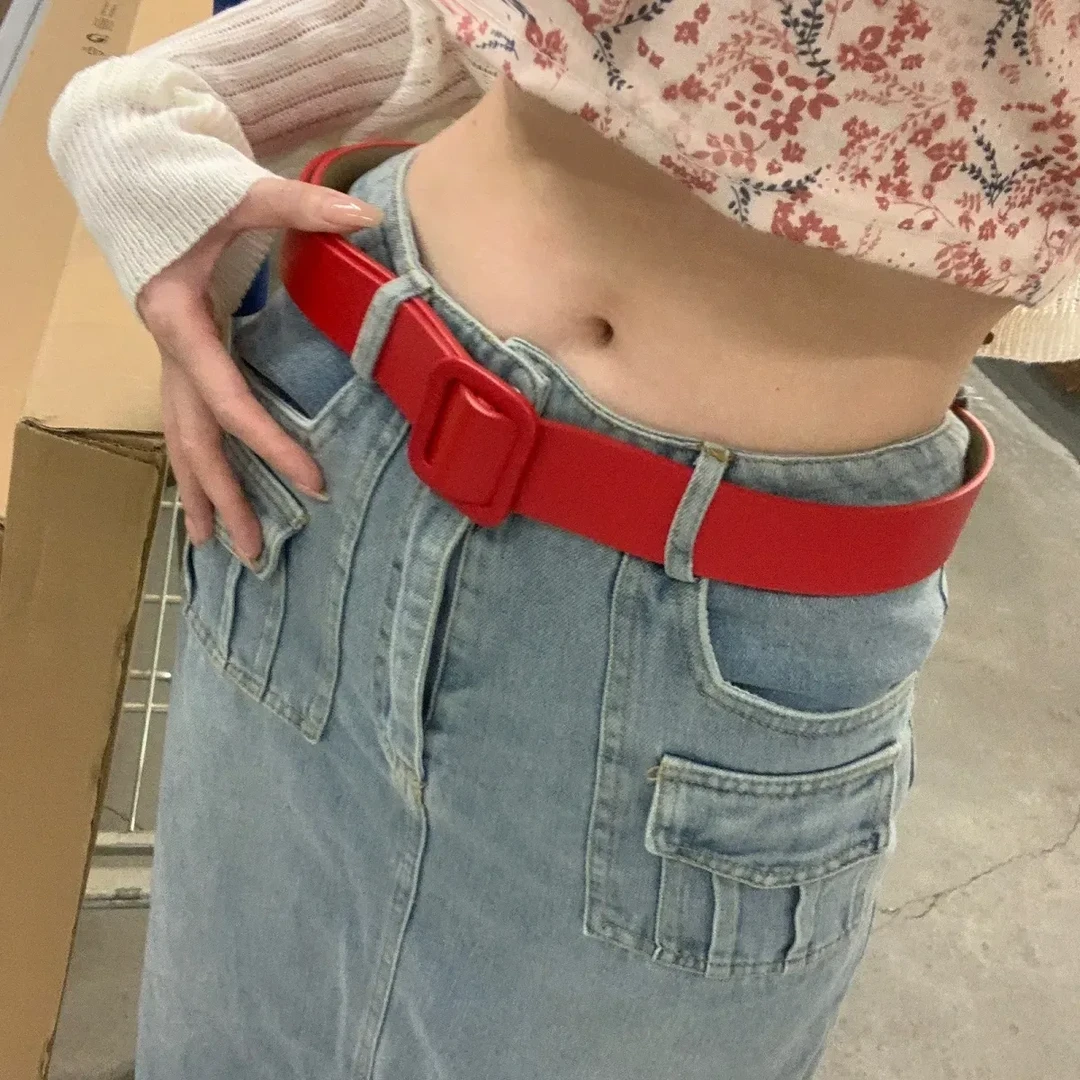 红色方扣宽腰带女士2024新款高级感配连衣裙多巴胺皮带糖果色y2k