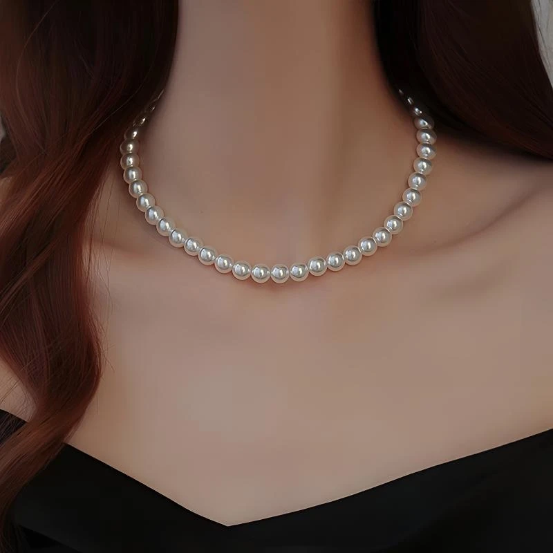 非金属仿珍珠项链 施家珍珠项链高亮正圆元宝扣简约锁骨链气质白