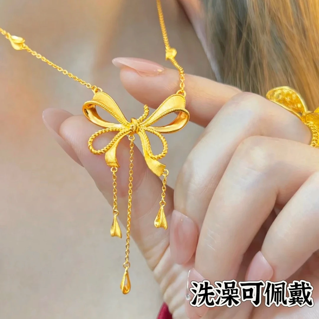钛钢项链 不掉色丝带在逃公主金色蝴蝶结项链女超仙ins轻奢锁骨链