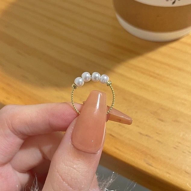 钛钢仿珍珠戒指 永不掉色贝珠开口可调节戒指网红百搭食指指环女