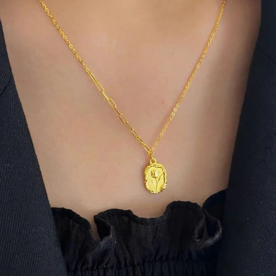 钛钢项链 永不掉色金色小众郁金香花项链女款精致轻奢气质锁骨链