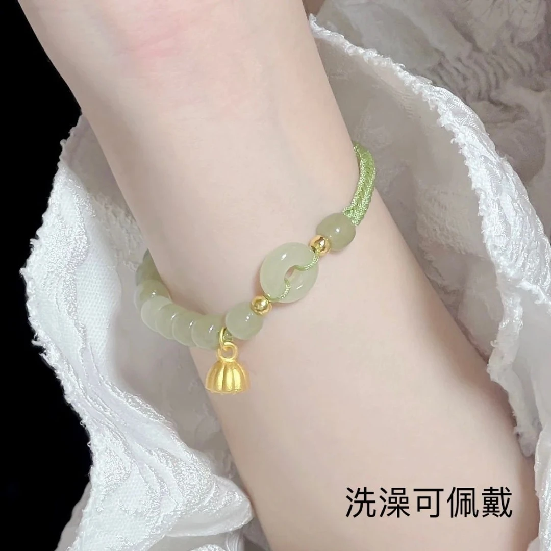 铜合金仿水晶手链 编织平安扣手链男女款绿色轻奢小众ins古风手串