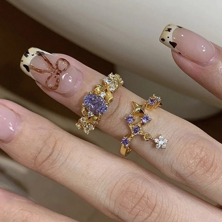 铜合金戒指 网红微闪紫金花满天星叠戴戒指女轻奢高级感复古指环