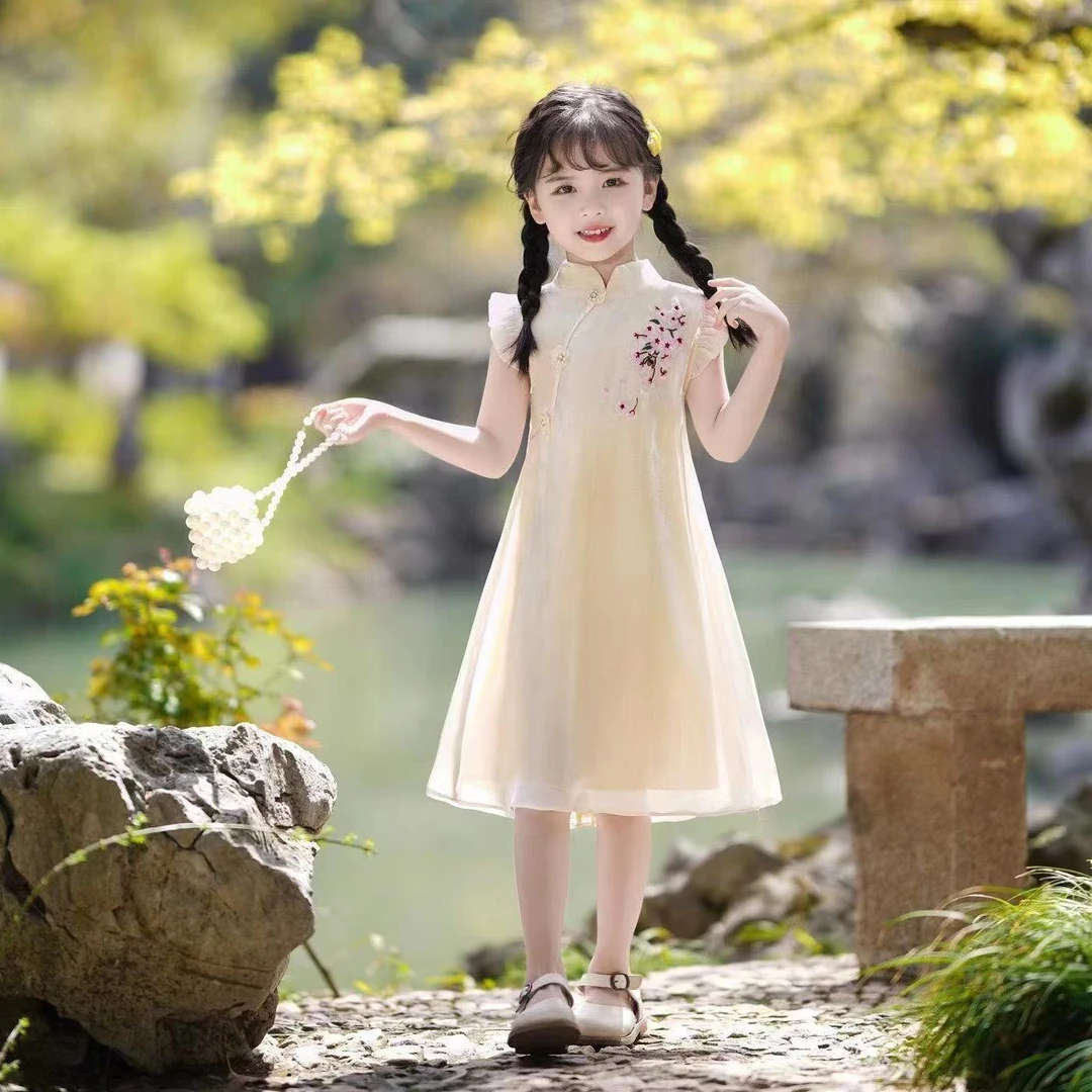 中国风女童旗袍夏季儿童夏款汉服连衣裙大童公主裙女孩古筝演出服
