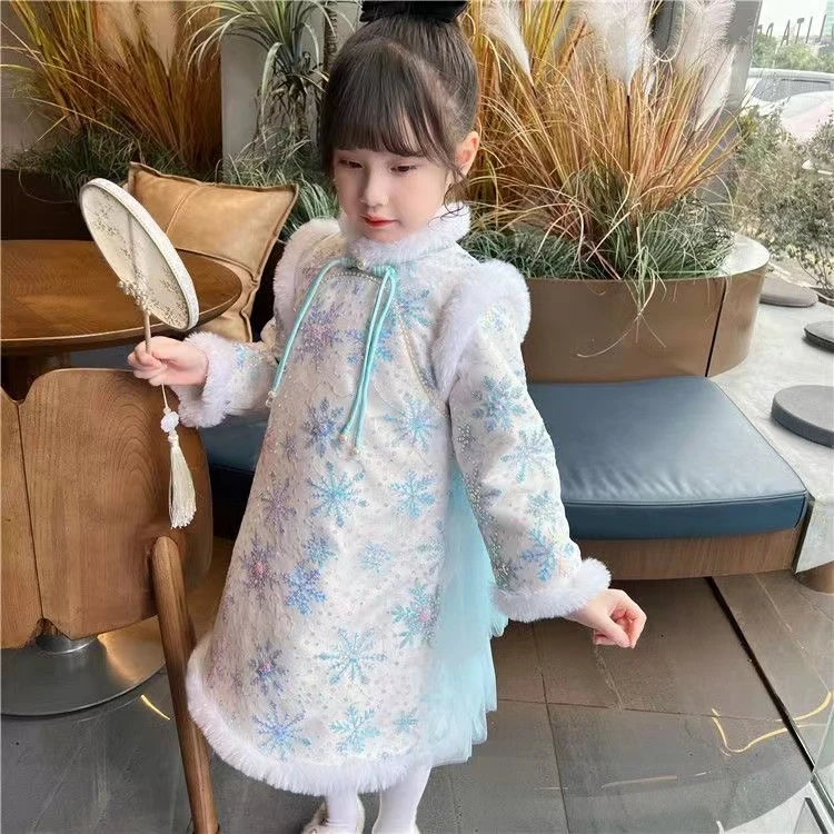 女童公主裙新款中国风汉服旗袍裙儿童加棉加厚网纱连衣裙新年装潮